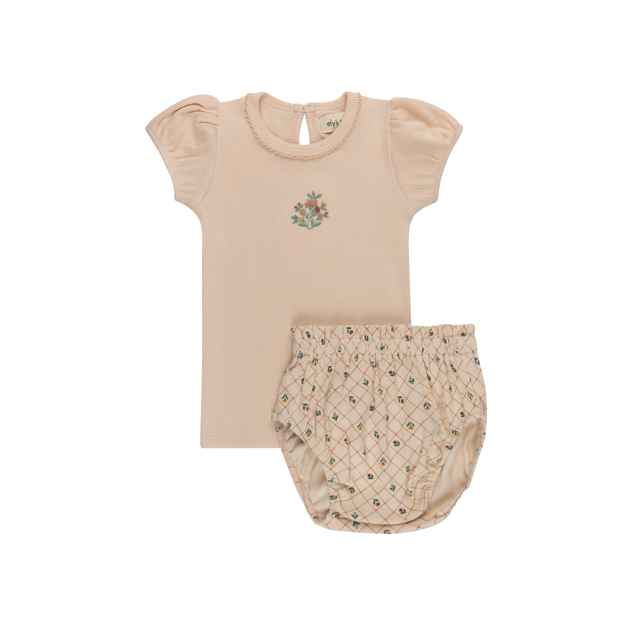 Ensemble T-shirt et Bloomer Fille - Rose - Motifs floraux brodés