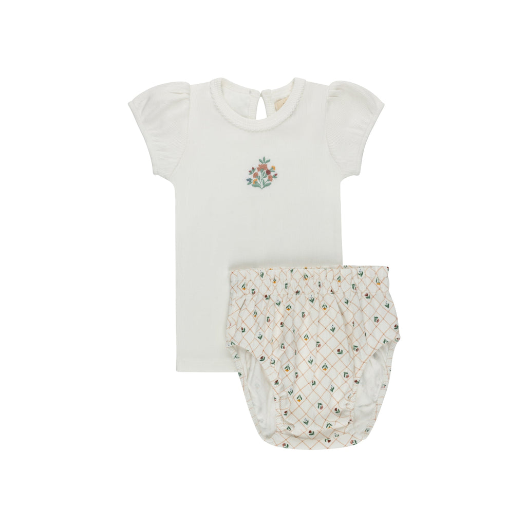 Ensemble T-shirt et Bloomer Fille - Ivoire - Motifs floraux brodés