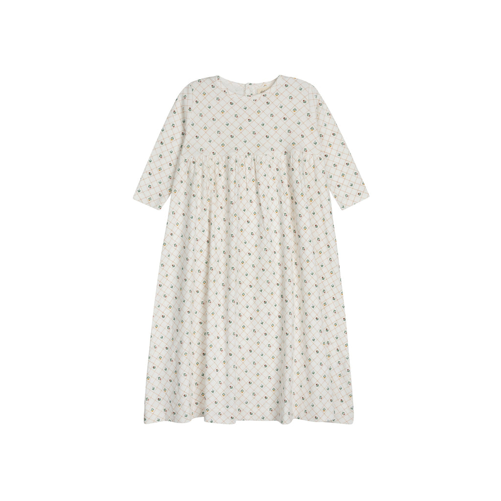 Robe Fille Manches 3/4 - Ivoire - Quadrillage Fleuri