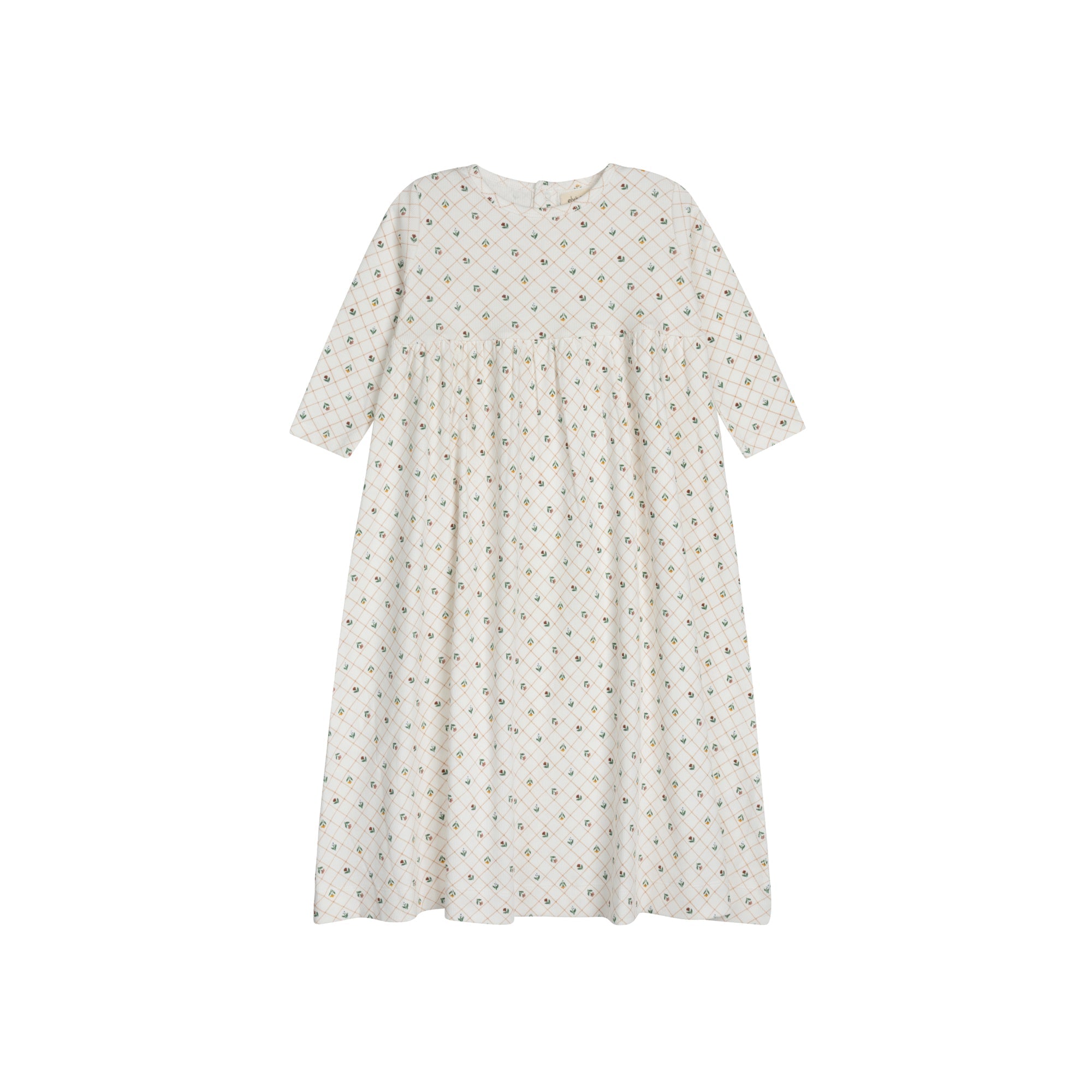 Robe Fille Manches 3/4 - Ivoire - Quadrillage Fleuri