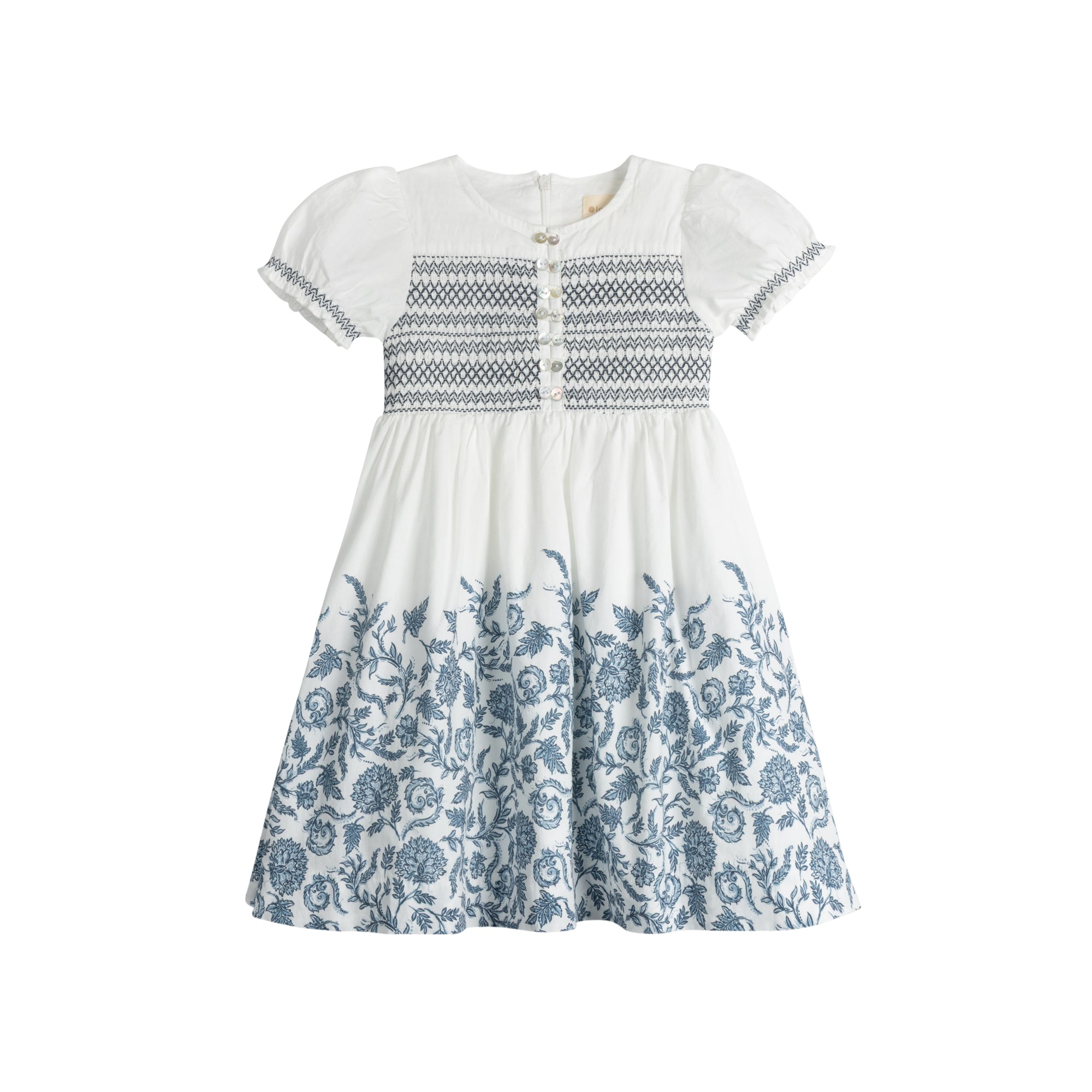 Robe Courte Smockée à Manches Courtes Florale Fille – Ivoire/Bleu