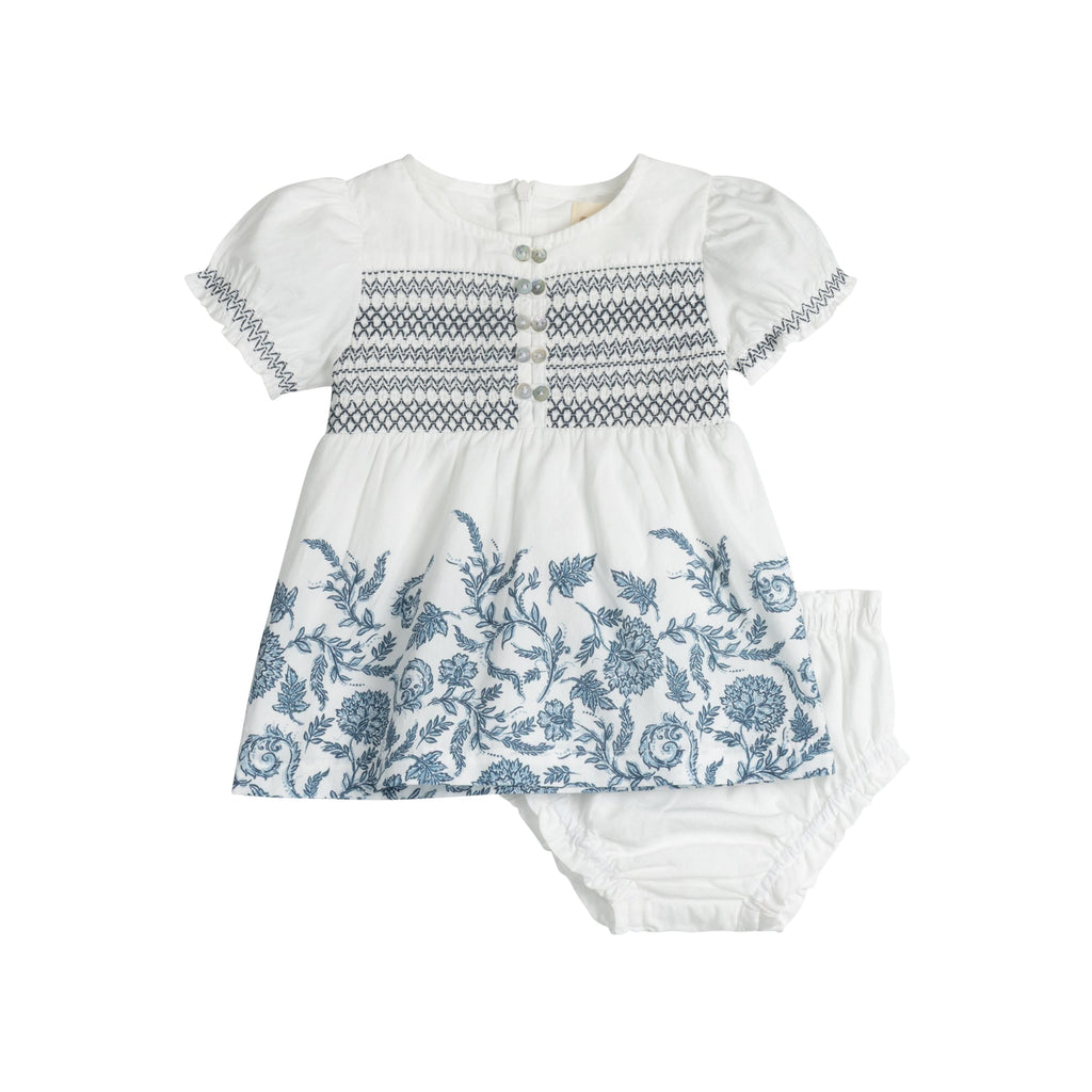 Ensemble 2 pièces fleuri smocké fille – Ivoire/Bleu