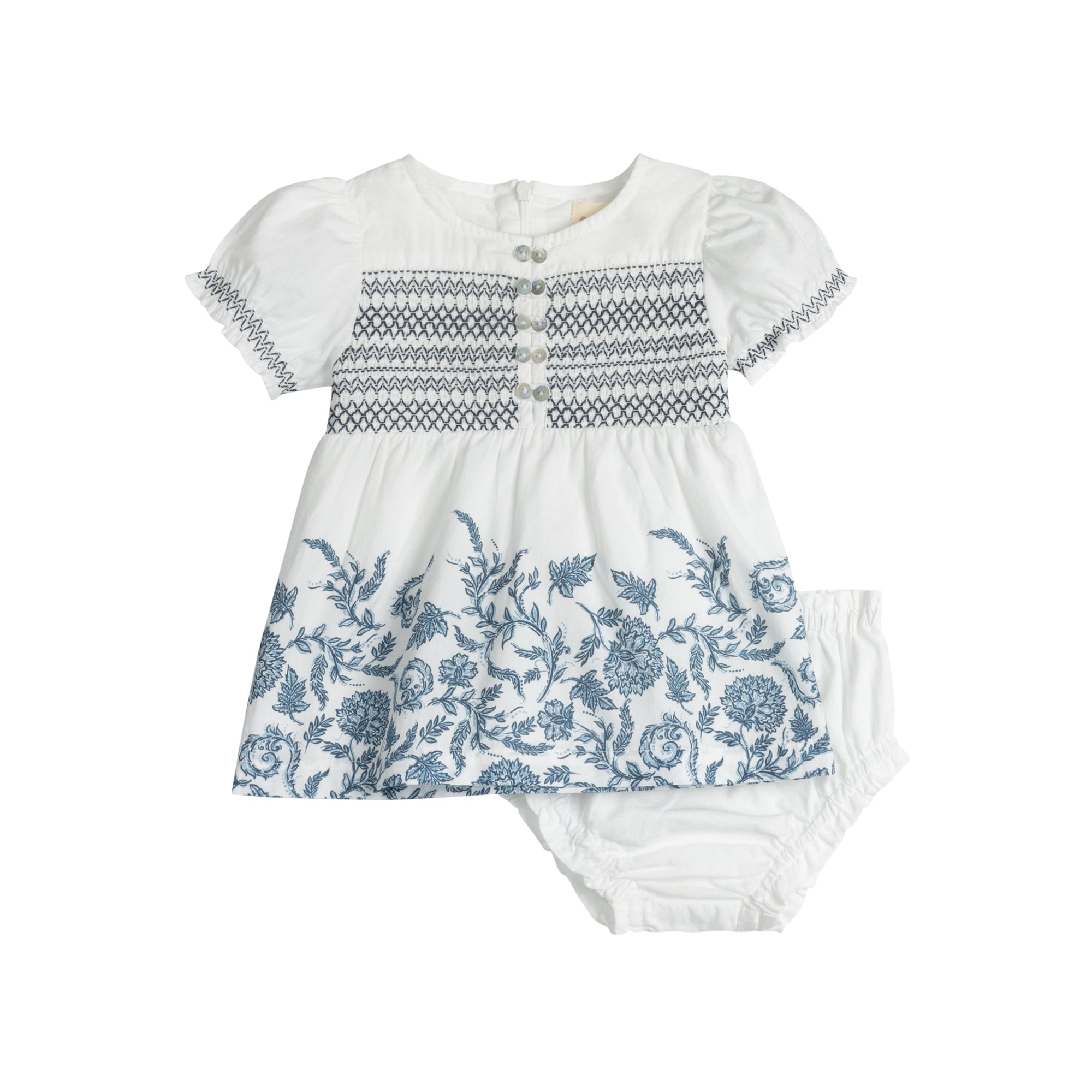 Ensemble 2 pièces fleuri smocké fille – Ivoire/Bleu
