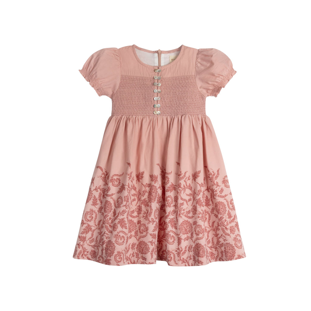 Robe florale smockée à manches courtes pour fille – Rose/Rouge