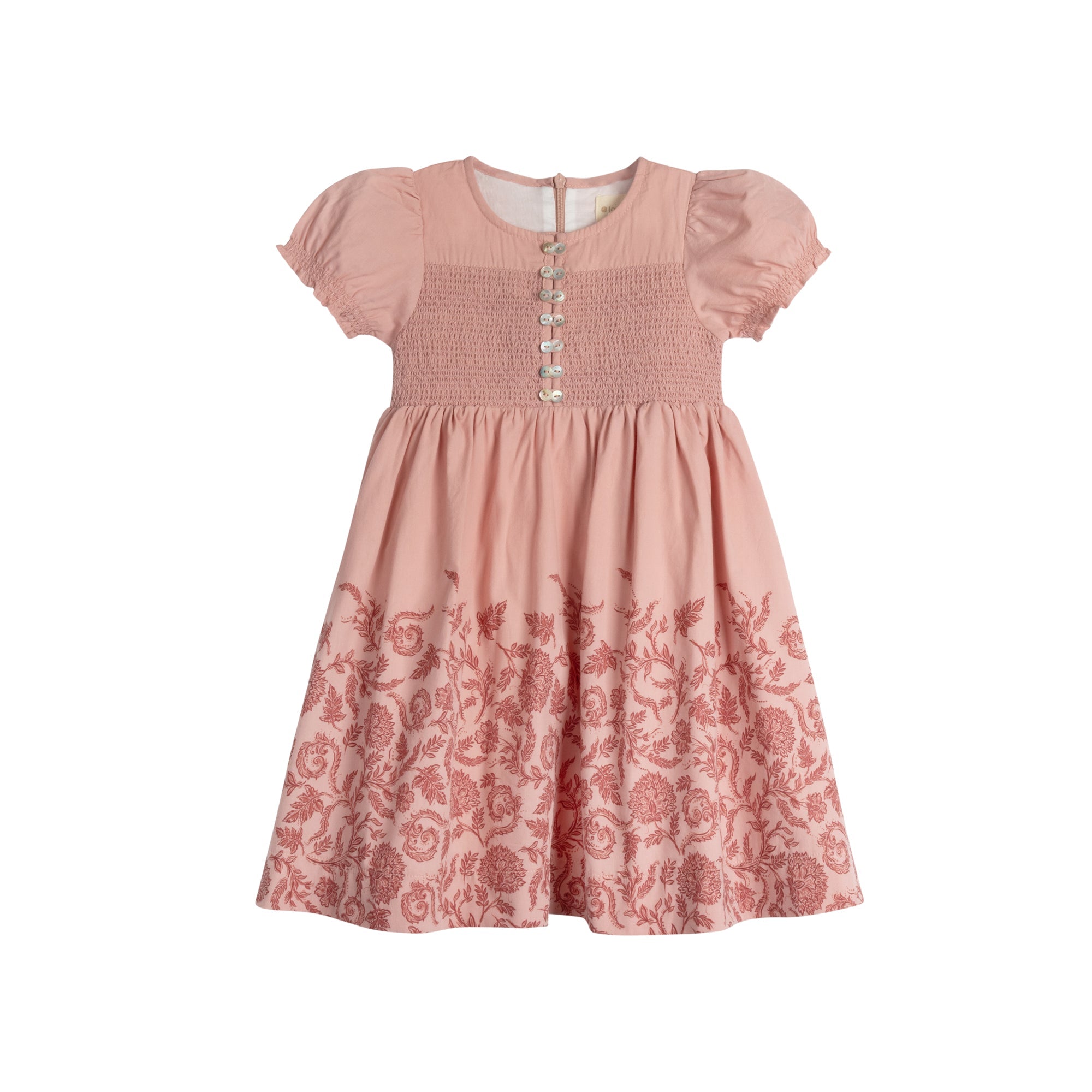 Robe florale smockée à manches courtes pour fille – Rose/Rouge