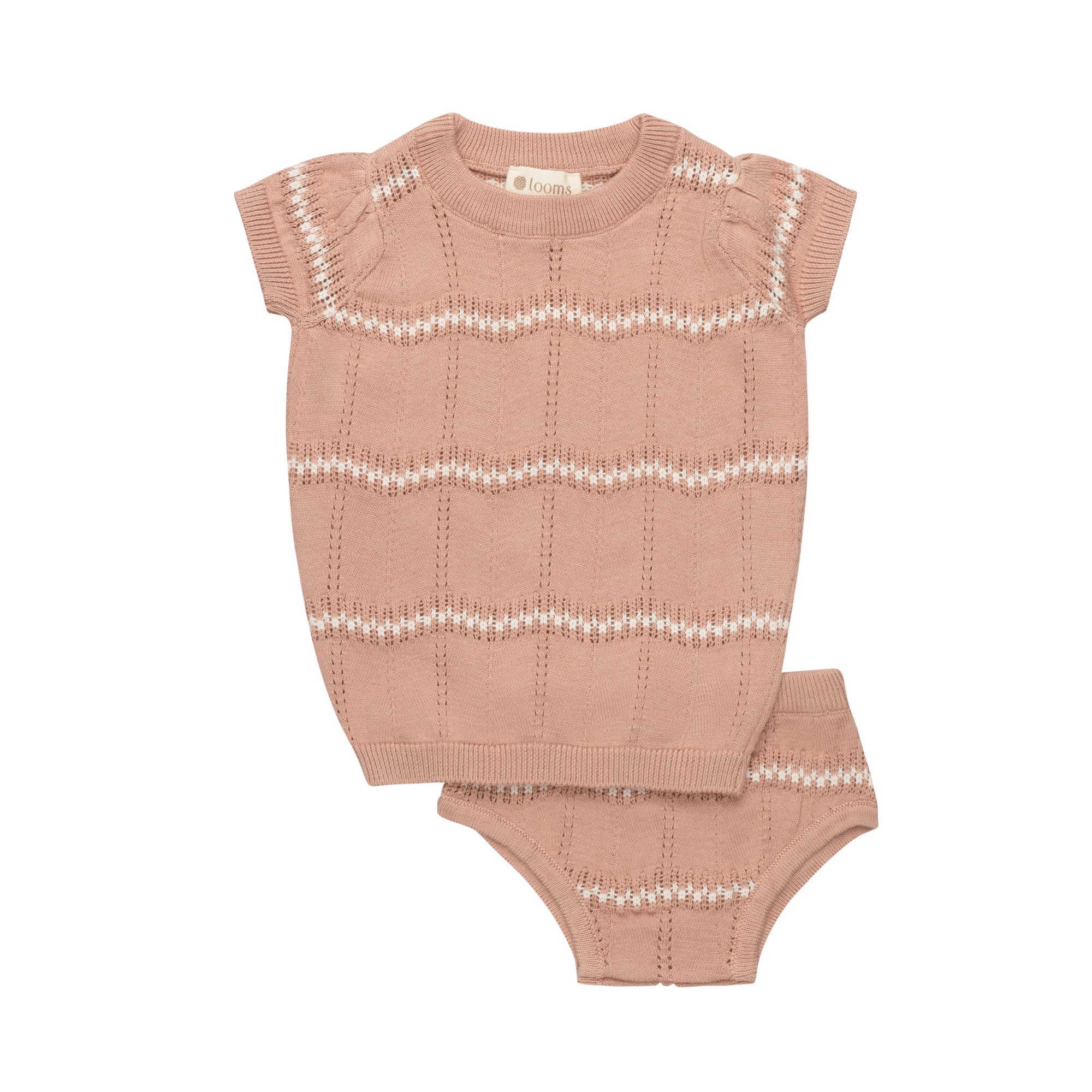 Ensemble 2 pièces tricoté ondulé pour filles – Rose/Ivoire