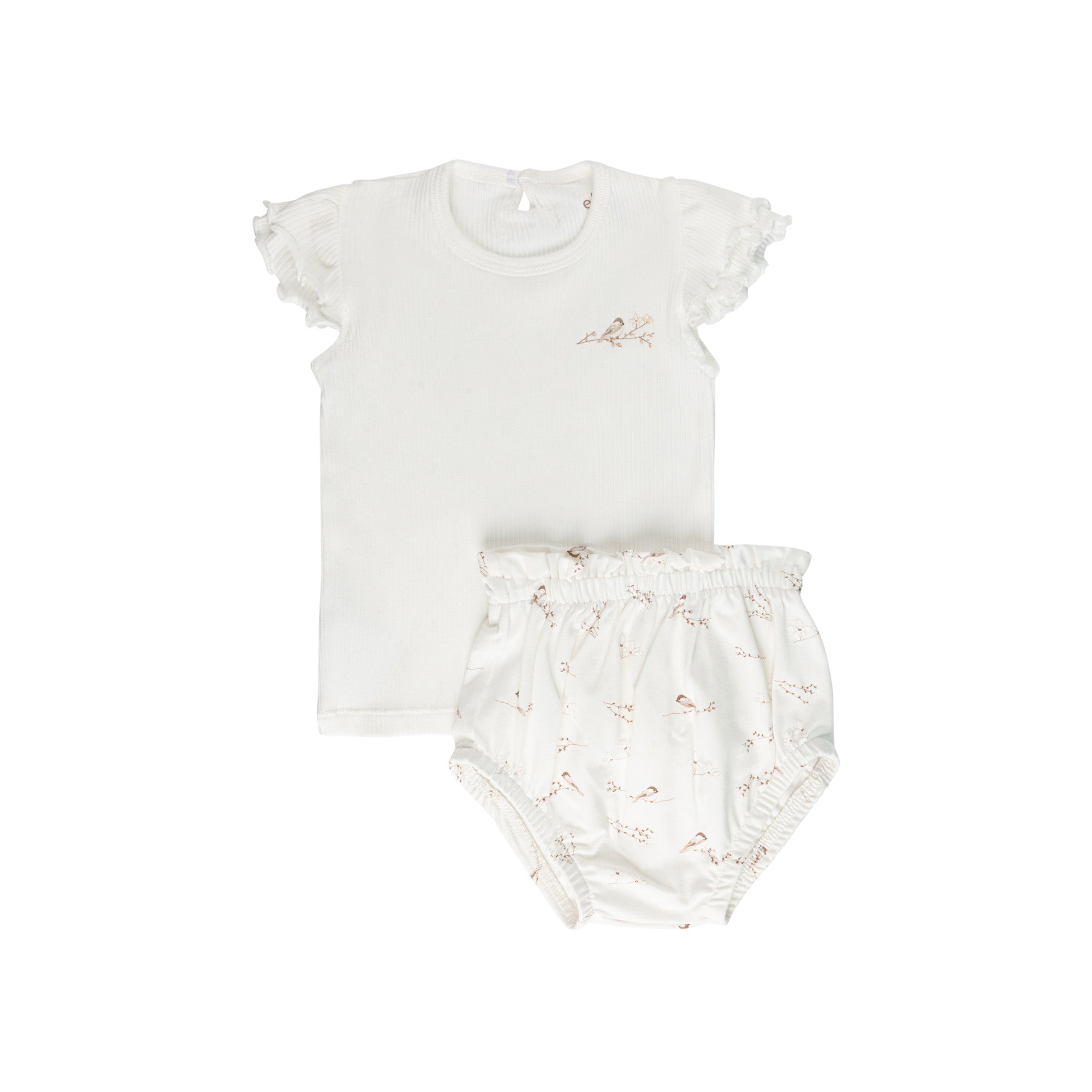 Ensemble T-shirt et bas côtelés en jersey de coton avec motifs oiseaux vintage