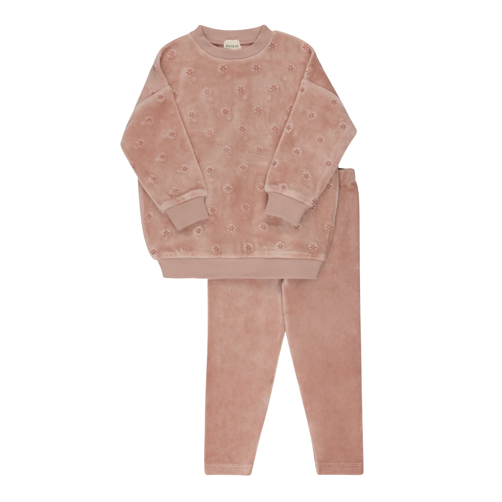 Ensemble de détente en velours brodé fleuri – Rose
