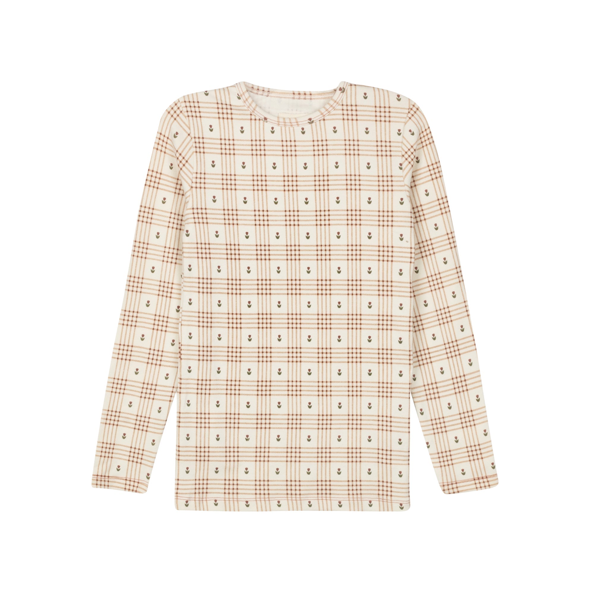 T-shirt à volants imprimé floral à carreaux en coton – Ivoire/Rose