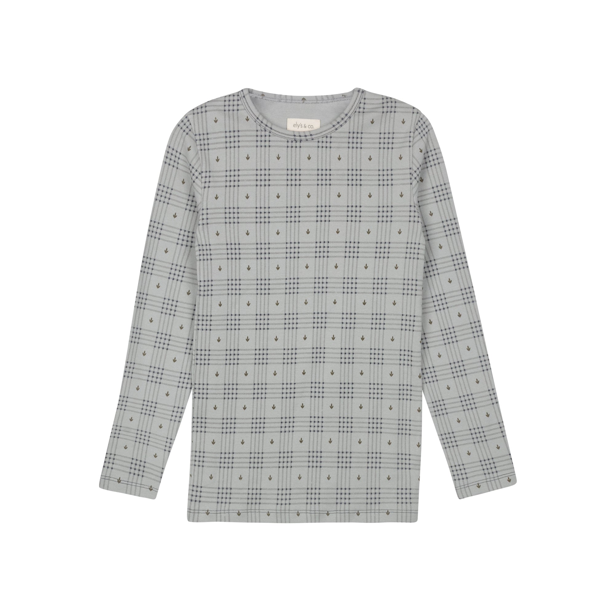 T-shirt en coton à carreaux et à fleurs avec col à volants – Bleu