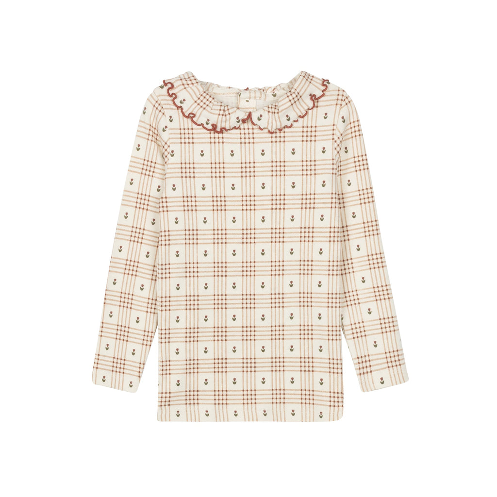 T-shirt à volants imprimé floral à carreaux en coton – Ivoire/Rose
