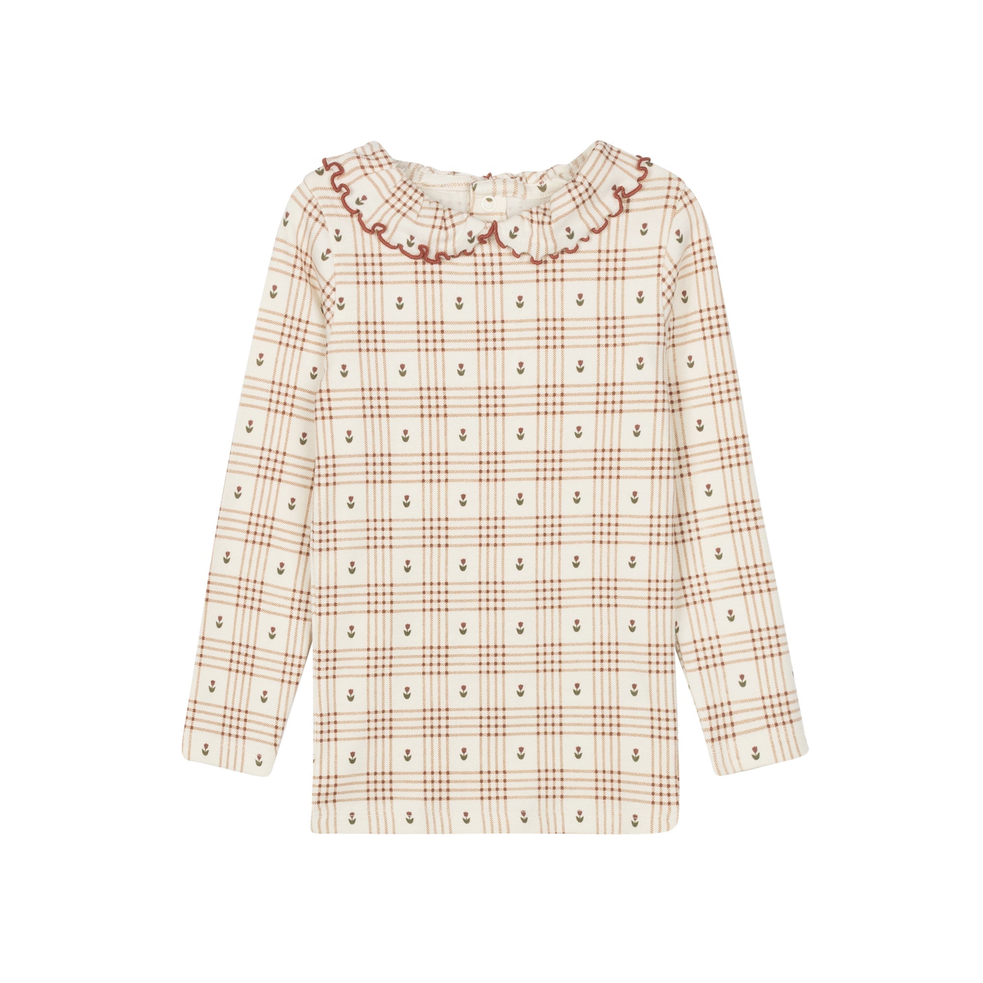 T-shirt à volants imprimé floral à carreaux en coton – Ivoire/Rose