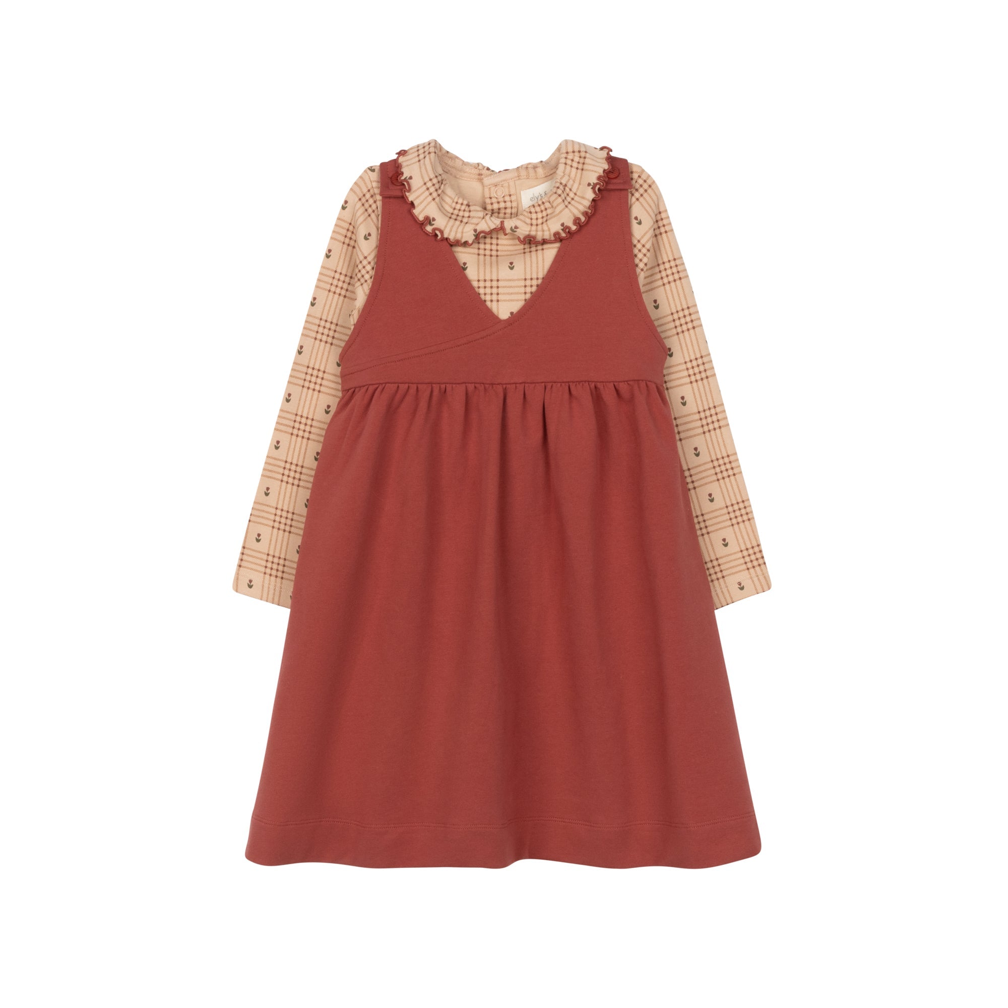 T-shirt à col volanté en coton à carreaux fleuris – Rose