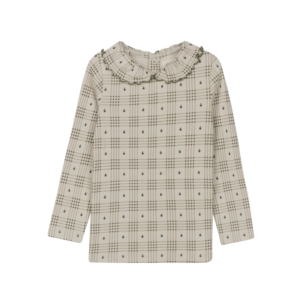 T-shirt à col volanté en coton à carreaux floraux – Fauve