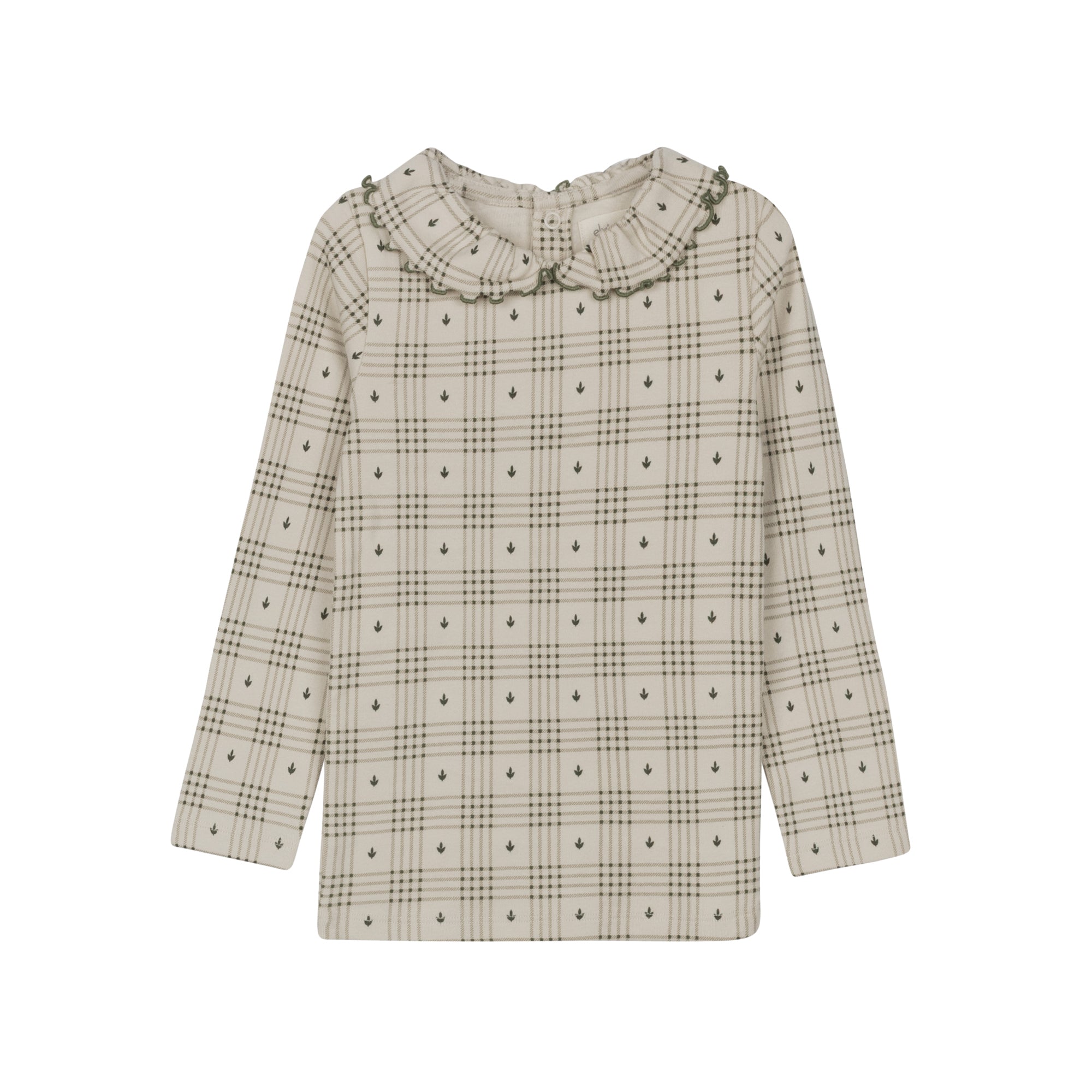 T-shirt à col volanté en coton à carreaux floraux – Fauve