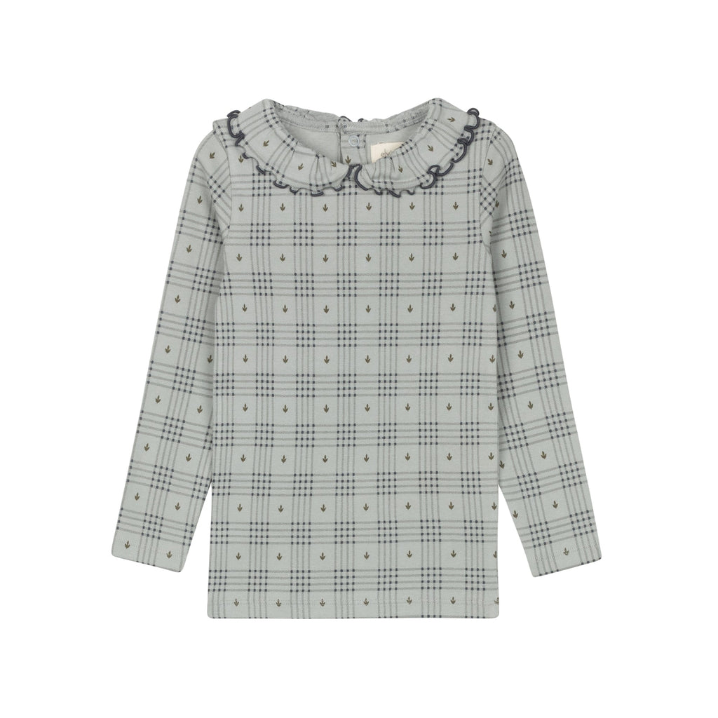 T-shirt en coton à carreaux et à fleurs avec col à volants – Bleu