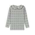 T-shirt en coton à carreaux et à fleurs avec col à volants – Bleu