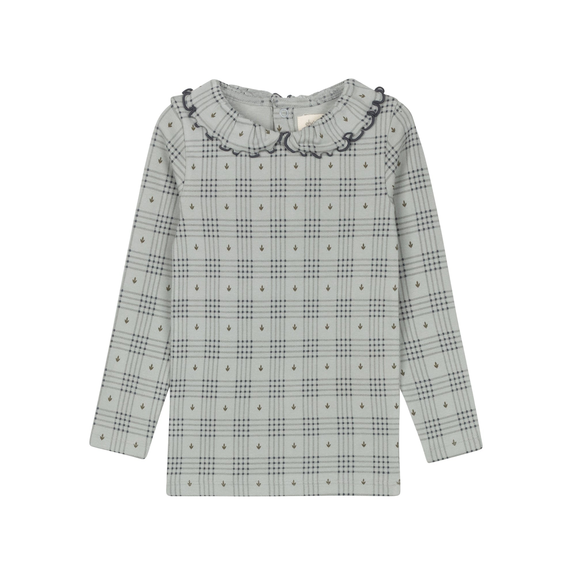 T-shirt en coton à carreaux et à fleurs avec col à volants – Bleu