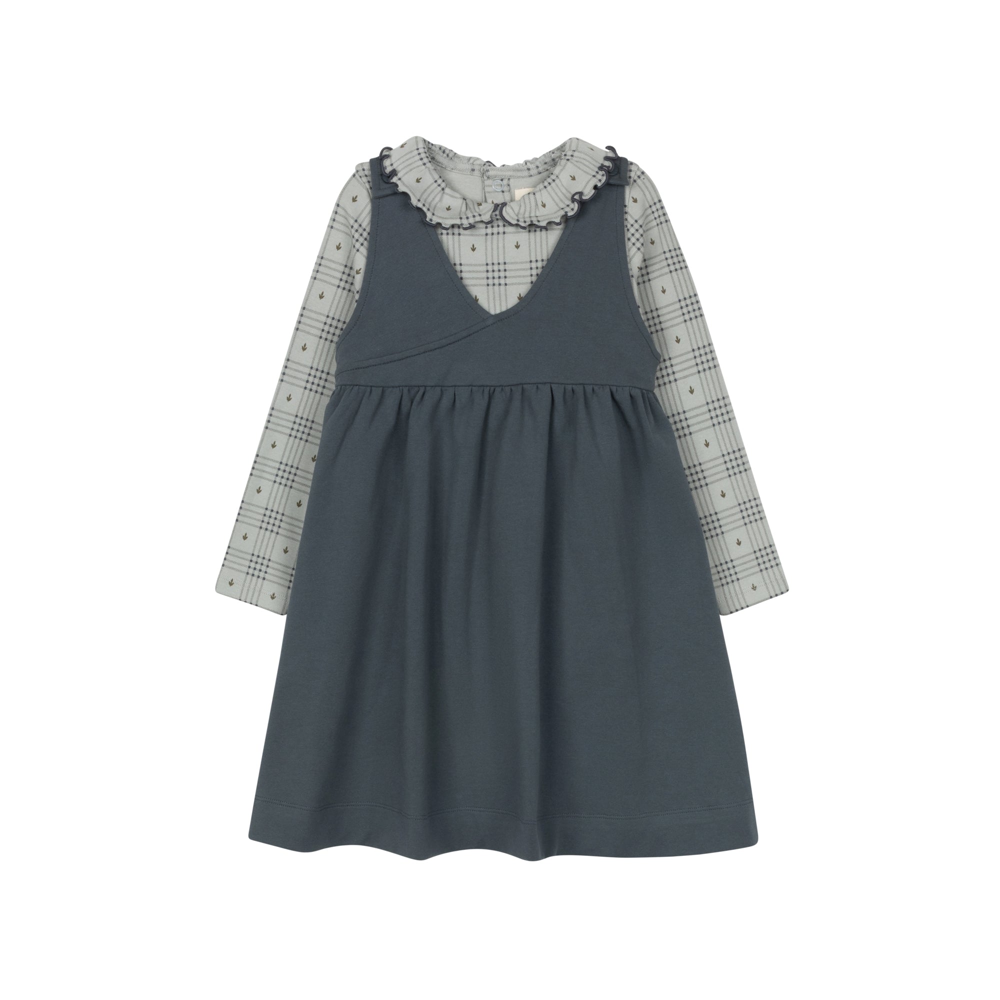 T-shirt en coton à carreaux et à fleurs avec col à volants – Bleu