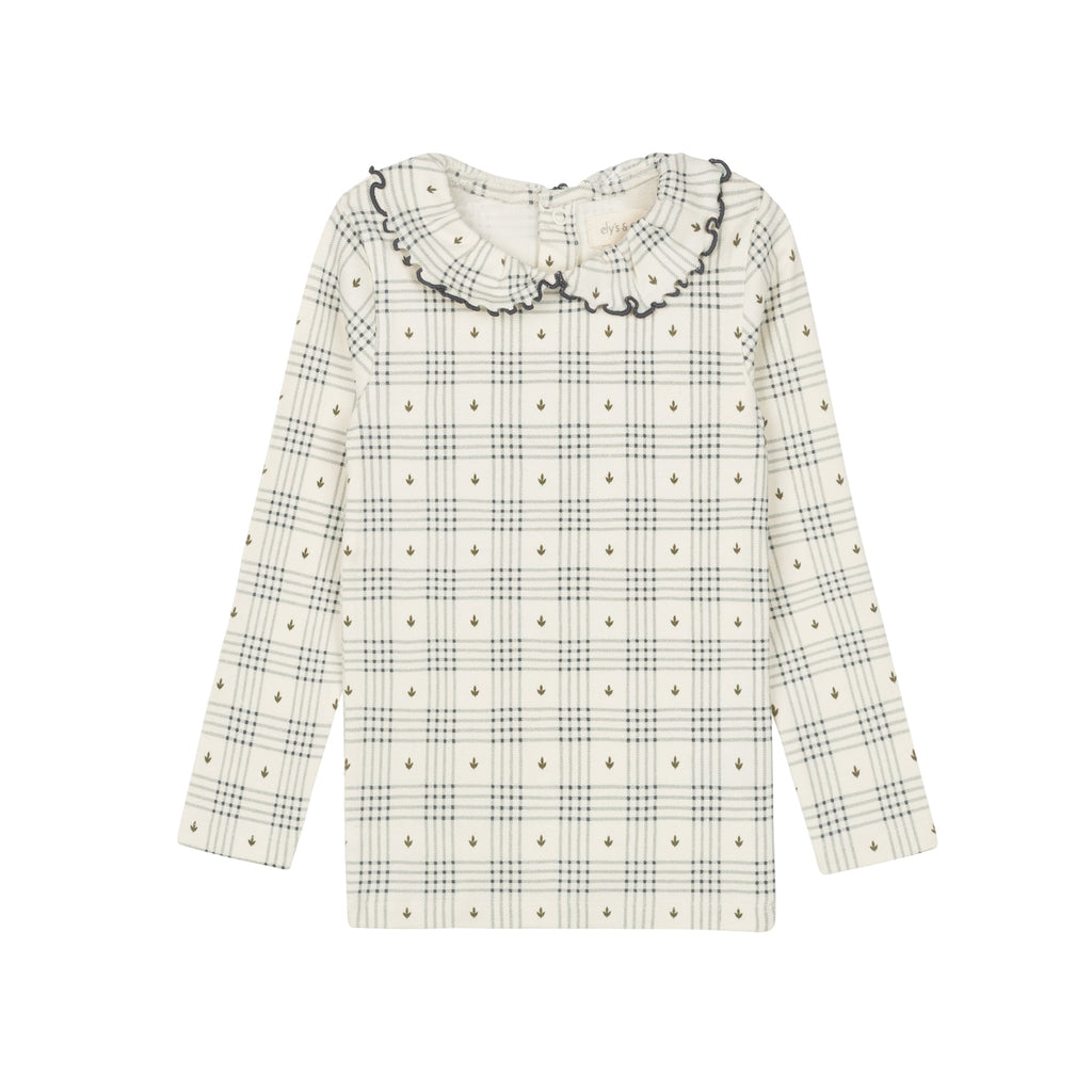 T-shirt à volants en coton à carreaux fleuris – Ivoire/Bleu