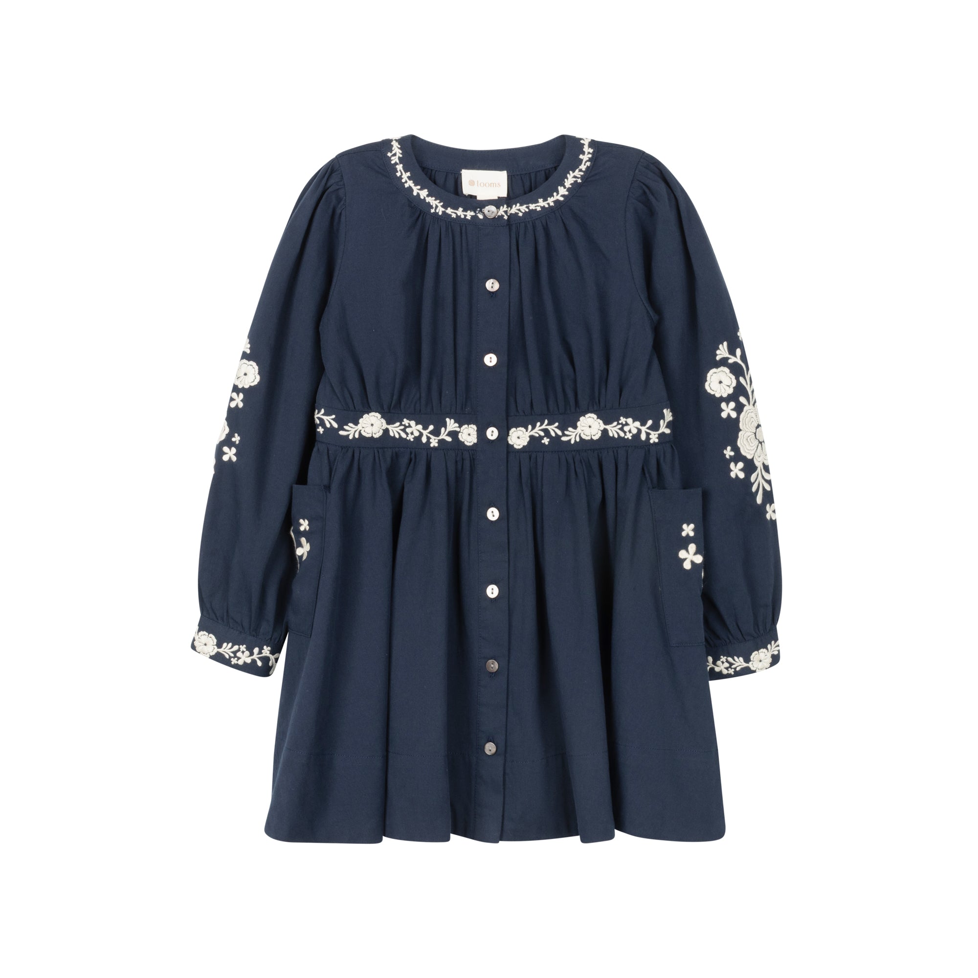 Robe en coton cintrée brodée de fleurs – Marine