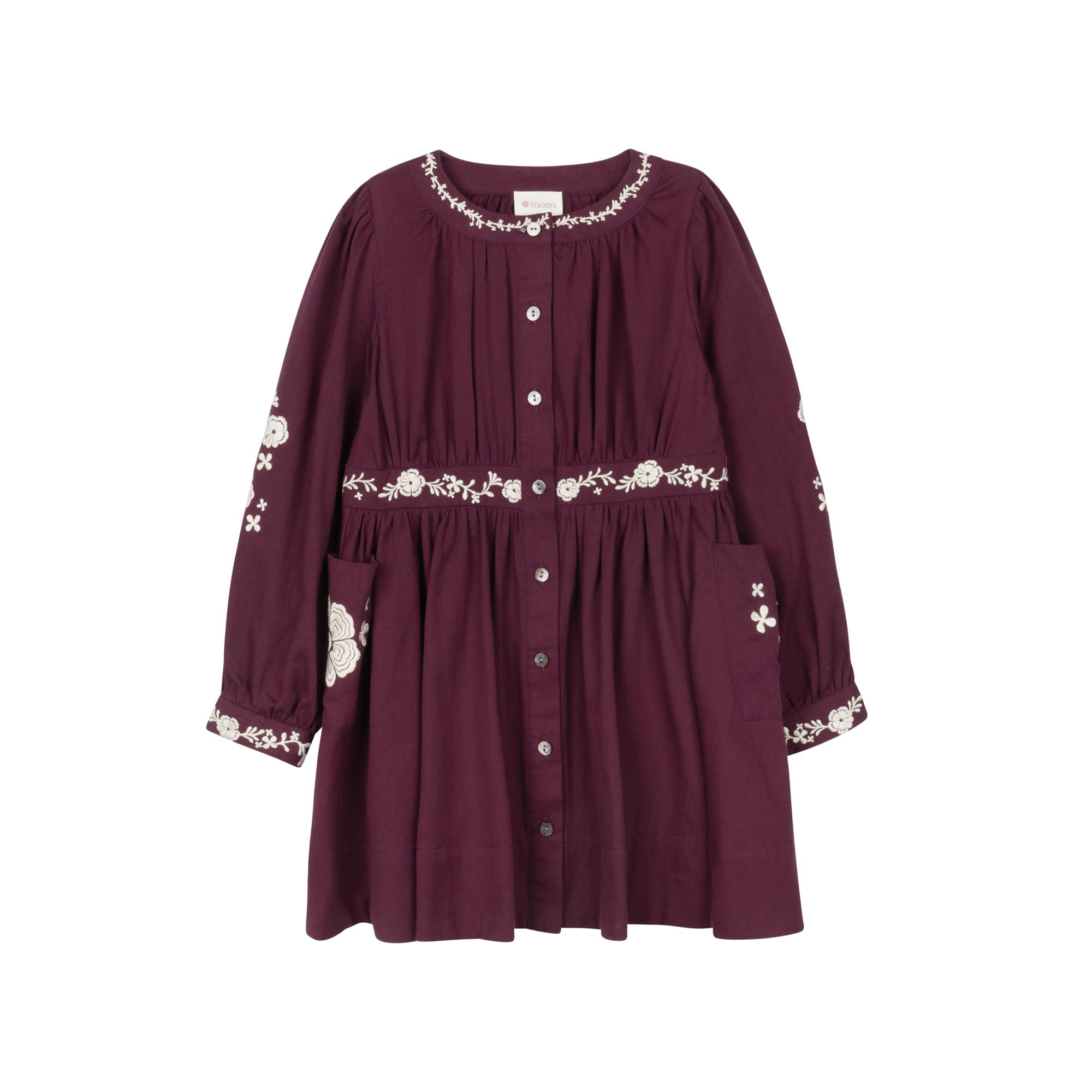Robe en coton cintrée brodée de fleurs – Lie-de-vin