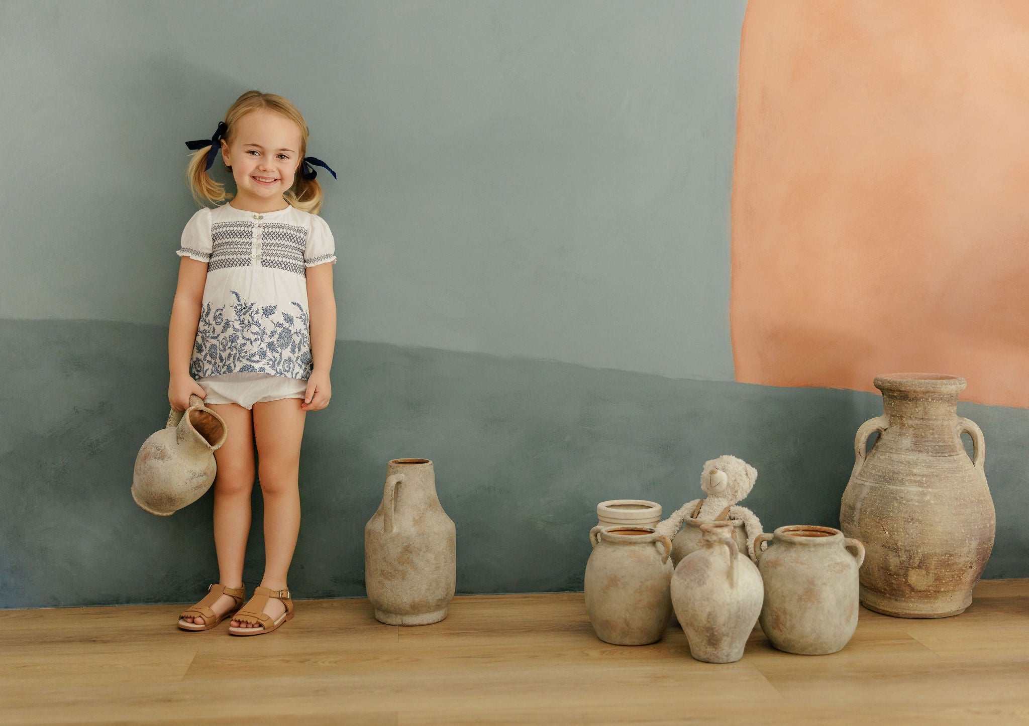 Ensemble 2 pièces fleuri smocké fille – Ivoire/Bleu