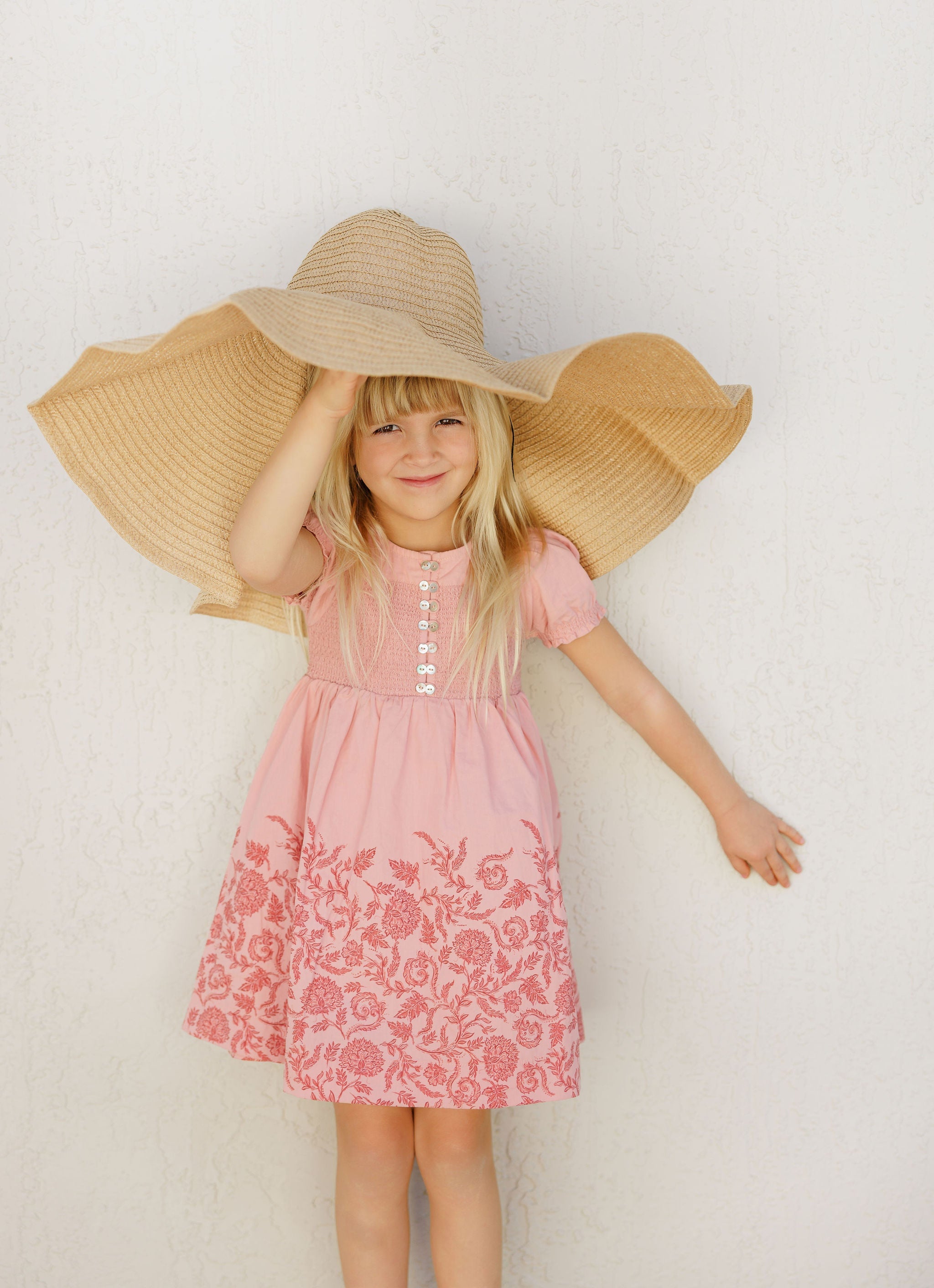 Robe florale smockée à manches courtes pour fille – Rose/Rouge