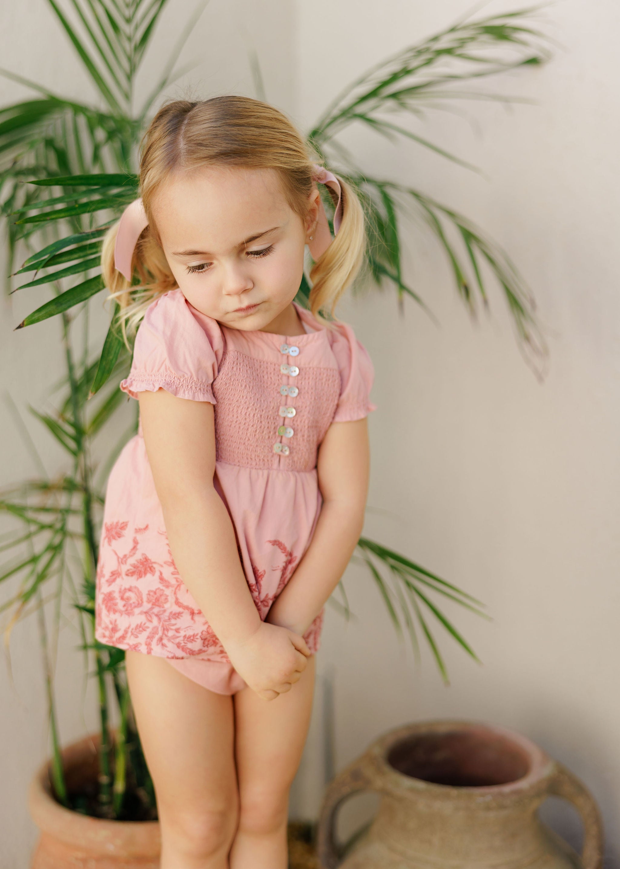 Ensemble 2 pièces fleuri smocké fille – Rose/Rouge