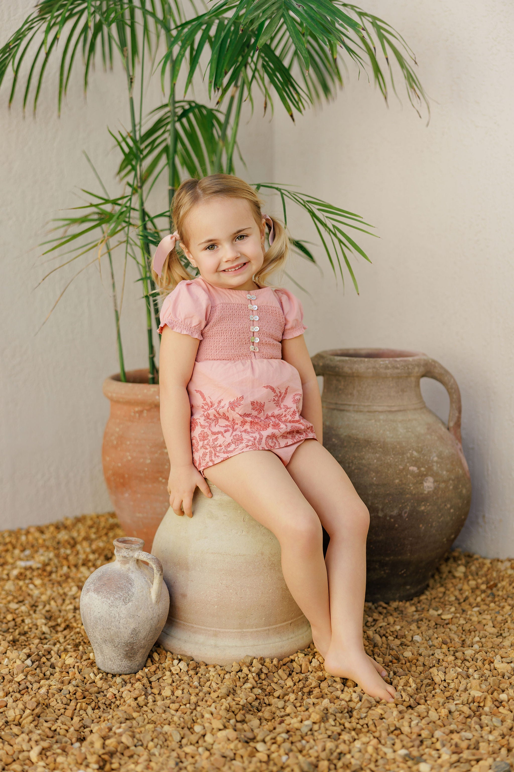 Ensemble 2 pièces fleuri smocké fille – Rose/Rouge