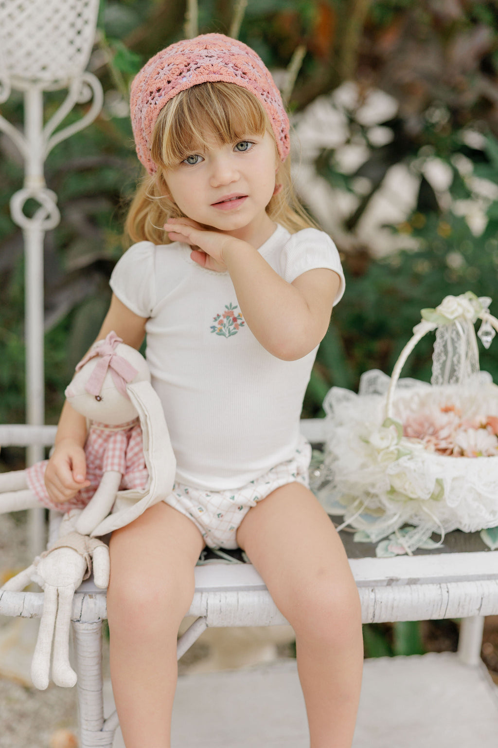 Ensemble T-shirt et Bloomer Fille - Ivoire - Motifs floraux brodés