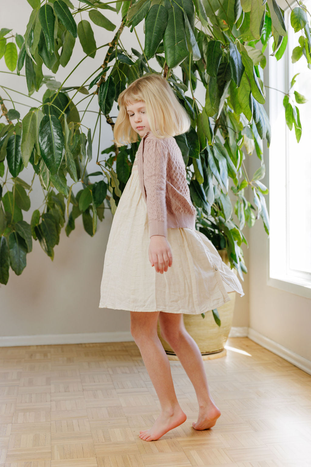 Robe en lin smockée à manches 3/4